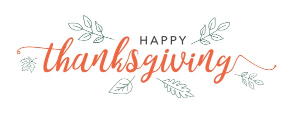 Happy Thanksgiving Calligraphy Text with Illustrated Green Leaves Over White Background